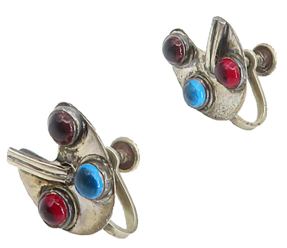 MEXICO 925 Silver  Vintage Pink & Blue Topaz Non Pierce Screw Earrings  EG2929