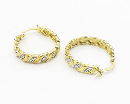 925 Sterling Silver  Genuine Diamonds Shiny Two Tone Hoop Earrings  EG6013