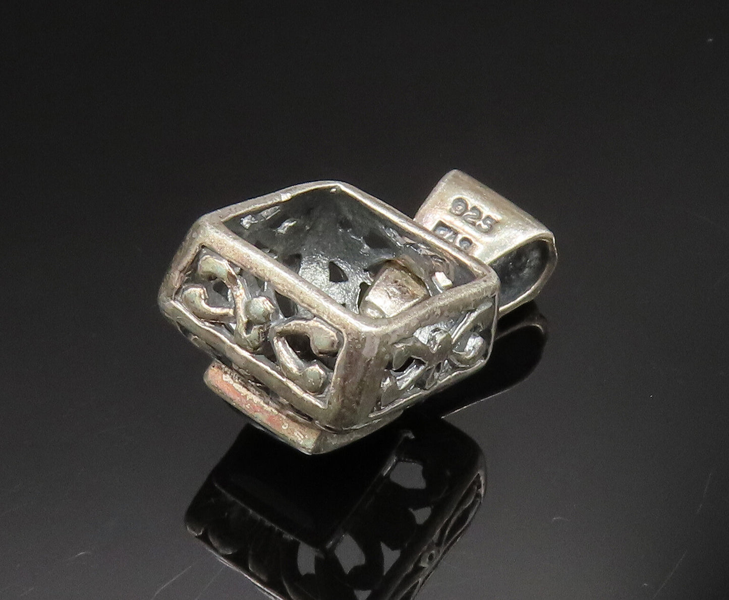 925 Sterling Silver  Vintage Square Black Onyx Scroll Work Pendant  PT20707