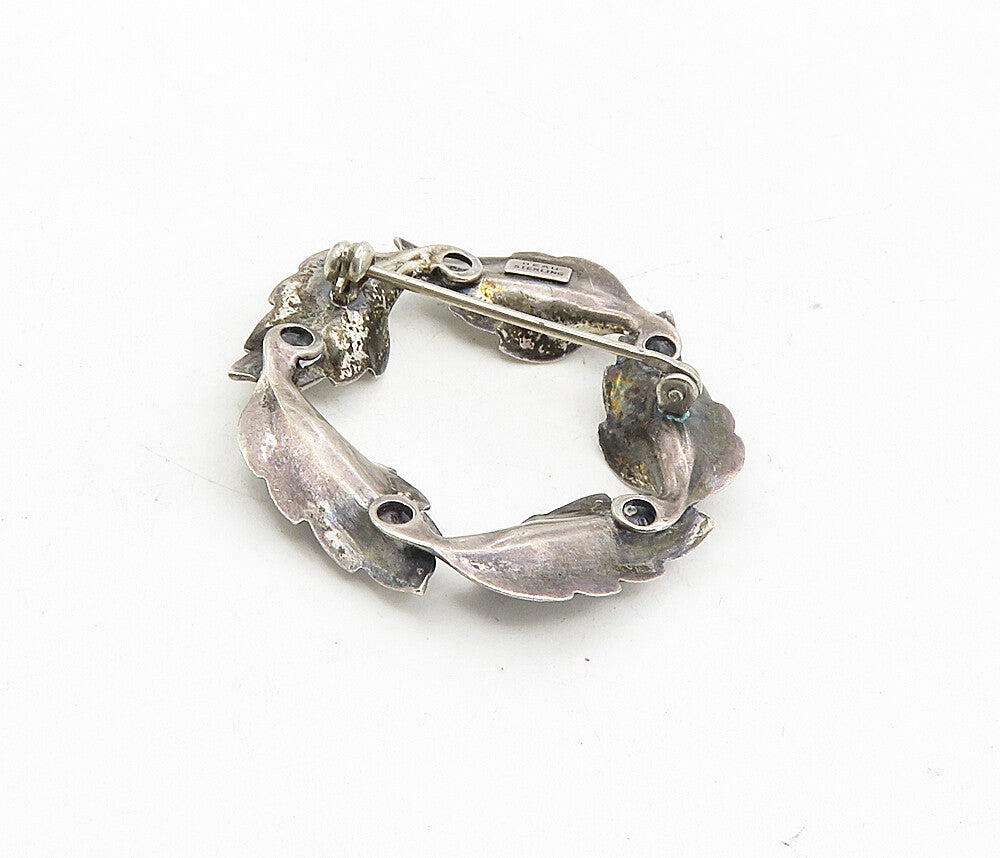 BEAU 925 Sterling Silver  Vintage Dark Tone Floral Wreath Brooch Pin  BP3302