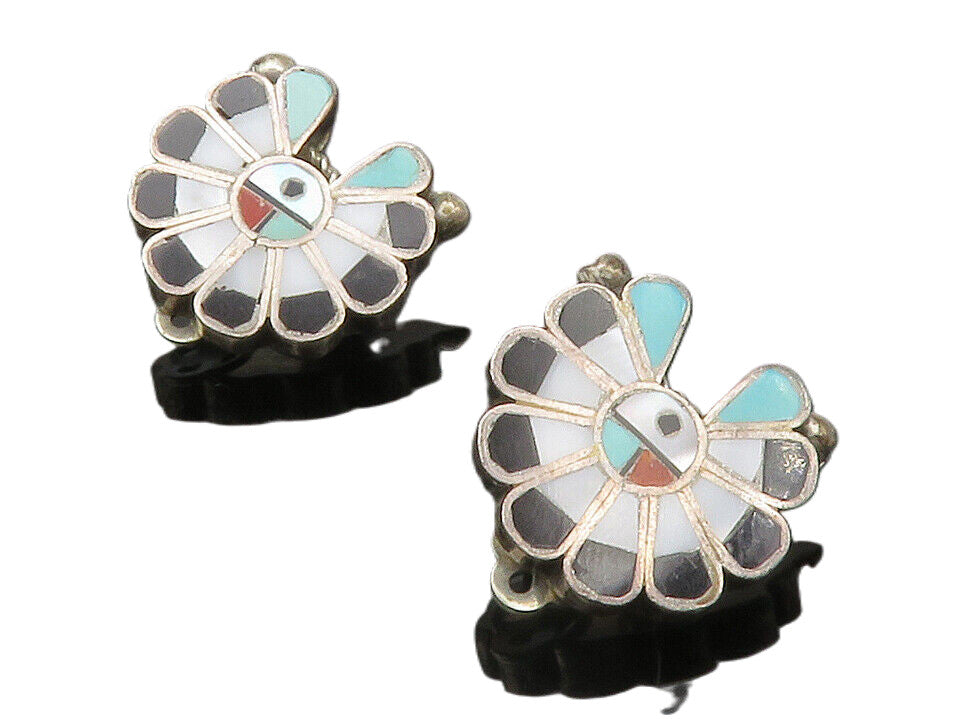 ZUNI 925 Silver  Vintage Inlaid Mother Of Pearl Non Pierce Earrings  EG6583