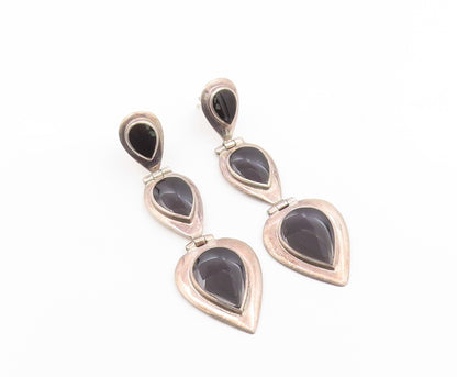 925 Sterling Silver Vintage Earrings Cabochon Black Onyx Teardrop Dangle EG14209
