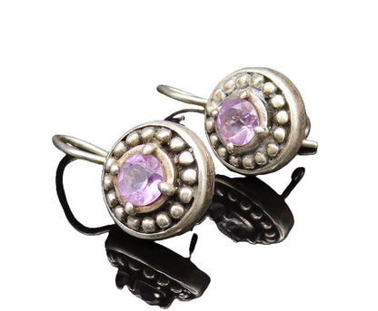 925 Sterling Silver  Vintage Dotted Edge Amethyst Drop Earrings  EG11876