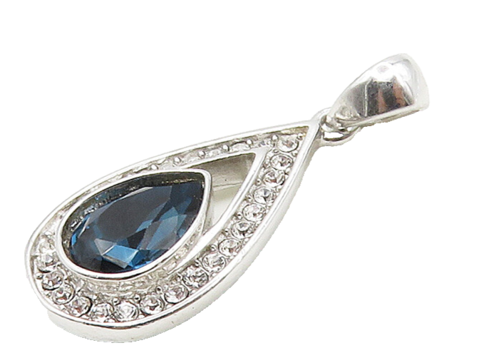 925 Sterling Silver  Shiny Blue & White Topaz Tear Drop Pendant  PT12811