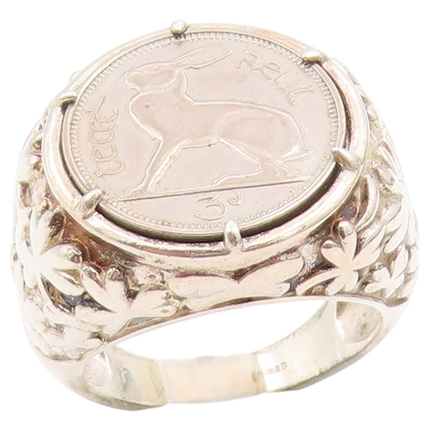 925 Sterling Silver Vintage Ring IRELAND 1966 Eire Hare Coin  Sz 10  RG36469