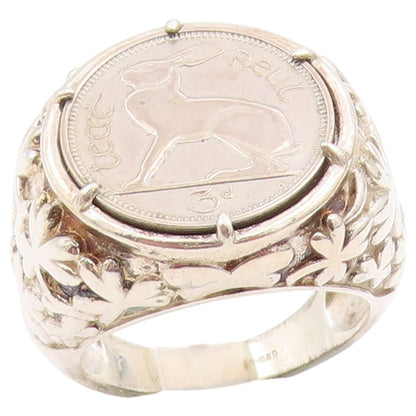 925 Sterling Silver Vintage Ring IRELAND 1966 Eire Hare Coin  Sz 10  RG36469