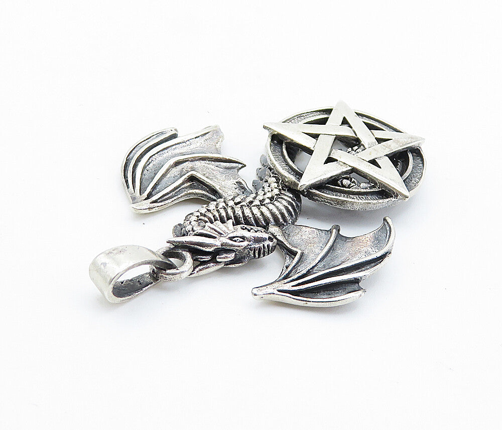 925 Sterling Silver  Vintage Pentagram Star & Flying Dragon Pendant  PT5969