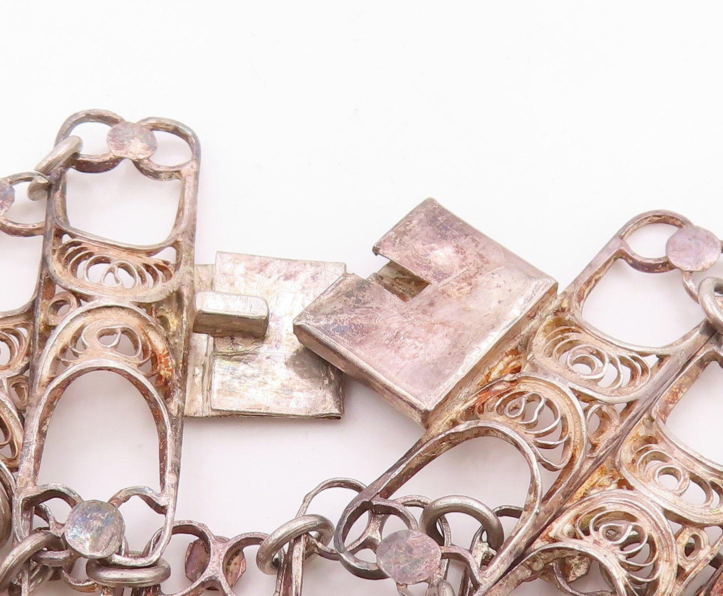 925 Sterling Silver Vintage Bracelet Intricate Filigree Wide Panel Link  BT12040