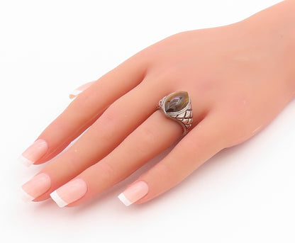 925 Sterling Silver Vintage Ring Marquise Shape Tiger's Eye  Sz 6  RG33132