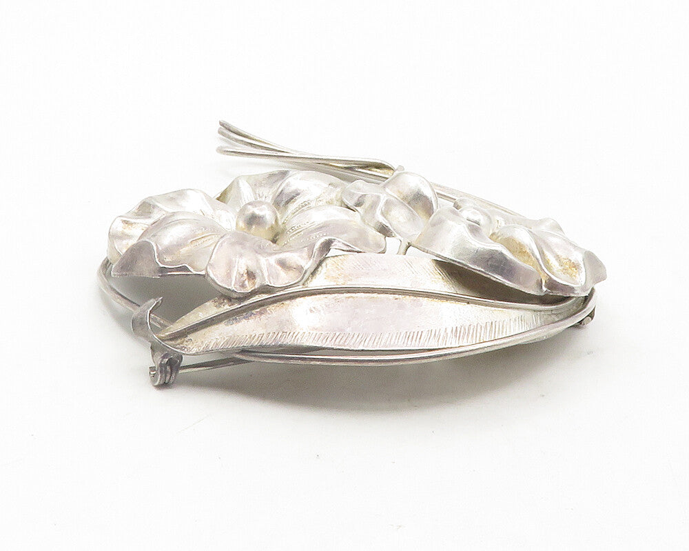 925 Sterling Silver  Vintage Shiny Flowers & Leaf Motif Brooch Pin  BP4369