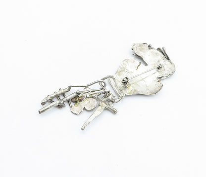 925 Sterling Silver  Vintage Antique 2 Tone Dangling Charms Brooch Pin  BP2262