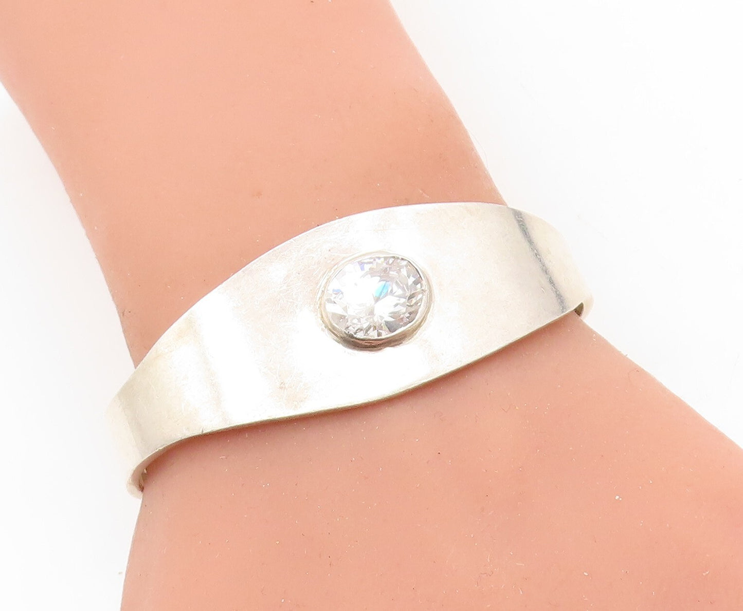 MEXICO 925 Sterling Silver  Vintage Cubic Zirconia Shiny Cuff Bracelet  BT2676