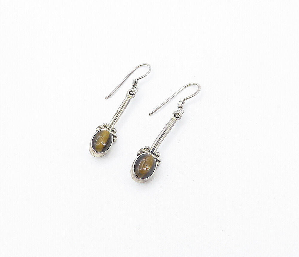 925 Sterling Silver  Vintage Cabochon Cut Tiger's Eye Drop Earrings  EG3642