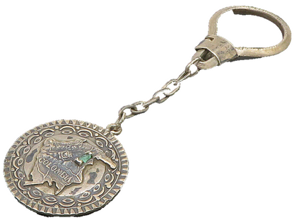925 Sterling Silver  Vintage Carved Colombia Map Emerald Key Chain  TR3271