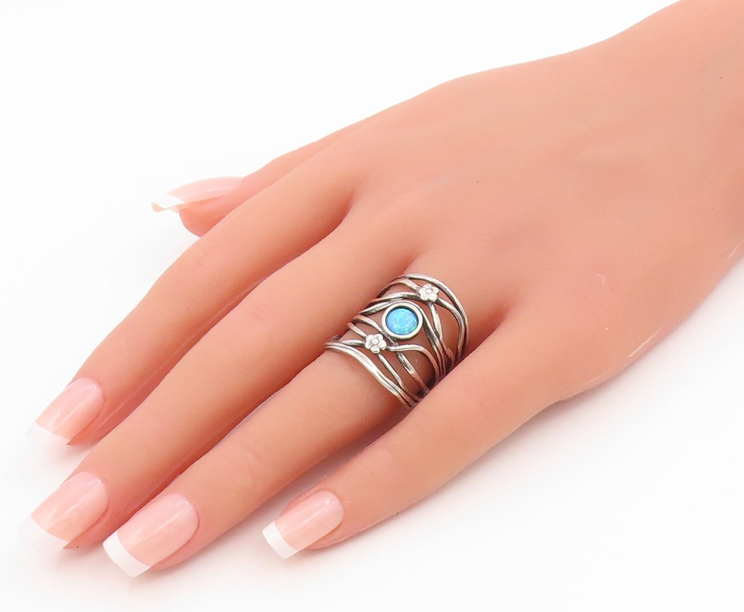 925 Sterling Silver Vintage Ring ISRAEL Fire Opal Floral Wave  Sz 8  RG35642
