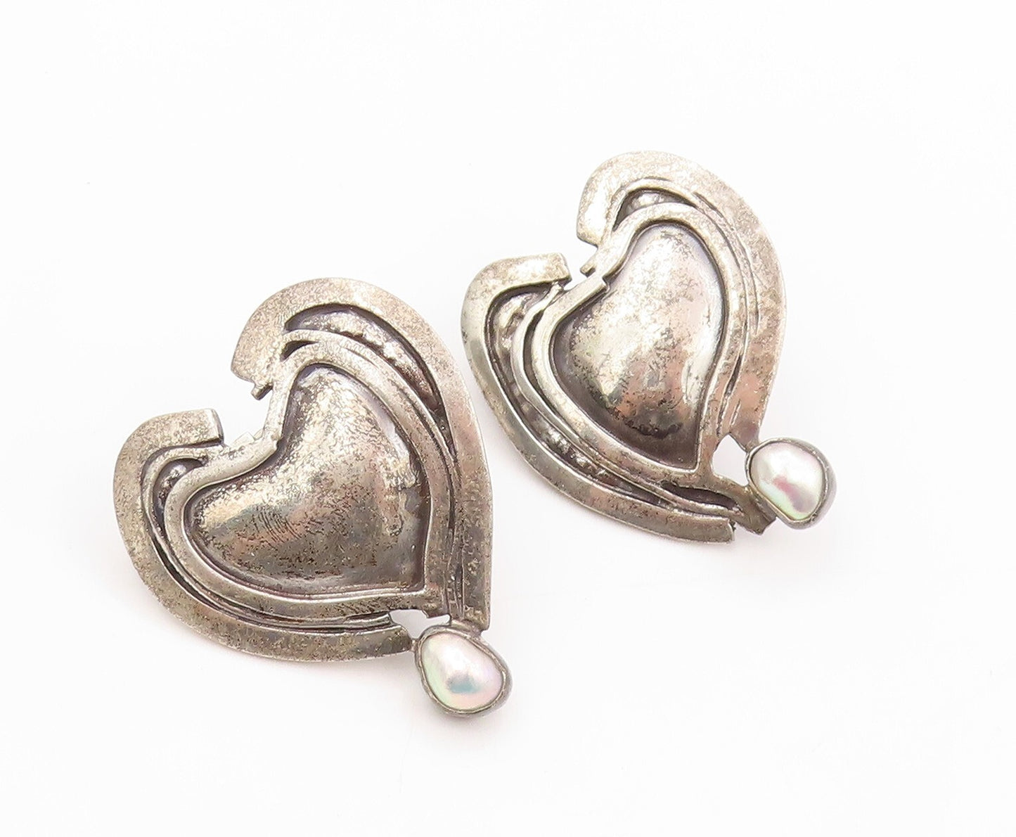 925 Sterling Silver Vintage Earrings SACHS Dark Tone Pearl Heart  EG13373