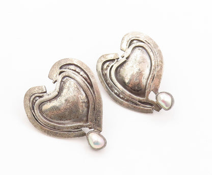 925 Sterling Silver Vintage Earrings SACHS Dark Tone Pearl Heart  EG13373