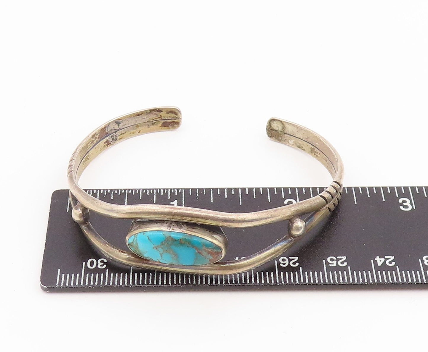 NAVAJO 925 Sterling Silver Vintage Split Band Oval Turquoise Bracelet  BT10028