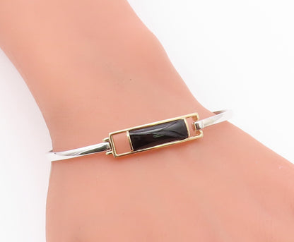 925 Silver  Vintage Two Tone Rectangular Black Onyx Bangle Bracelet  BT9384