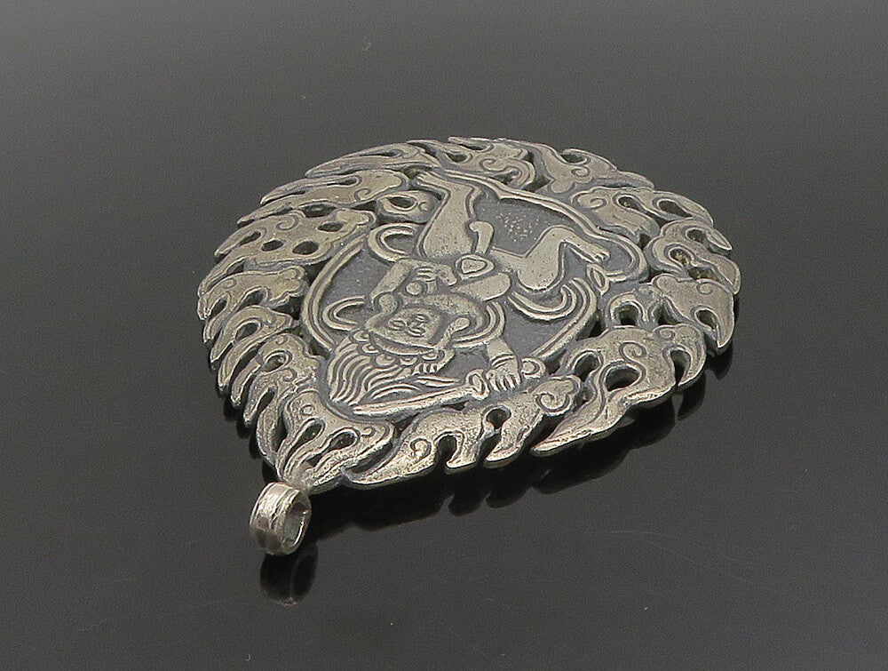 925 Silver  Vintage Tribal Man With Sword & Fire Motif Drop Pendant  PT20427