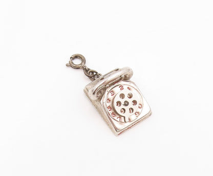 925 Sterling Silver Vintage Pendant Carved Antique Landline Phone Charm  PT23918