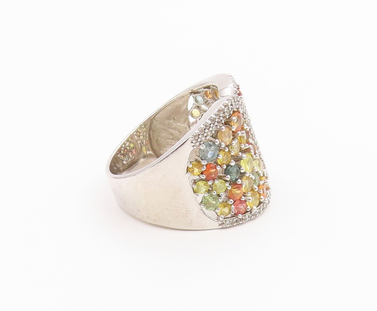 925 Sterling Silver Vintage Ring Multi Gemstone Wide Cluster Band Sz 11 RG36826