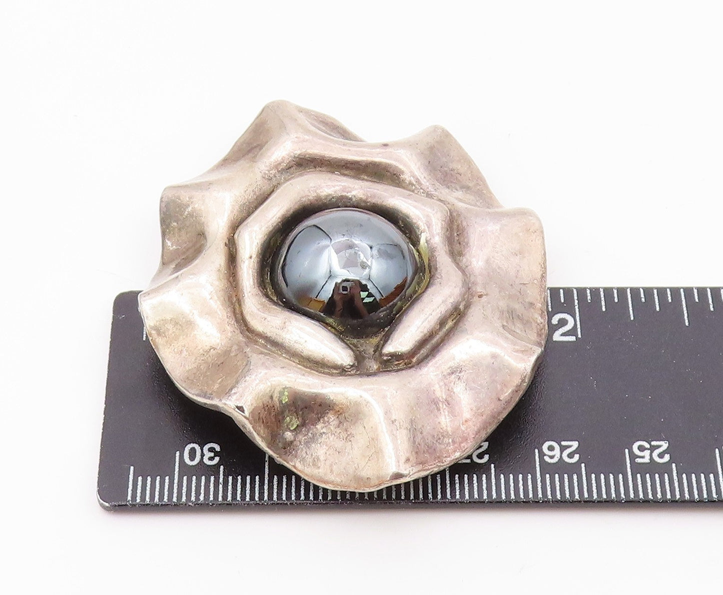 925 Sterling Silver  Vintage Hematite Dome Sculpted Shiny Pendant  PT17016