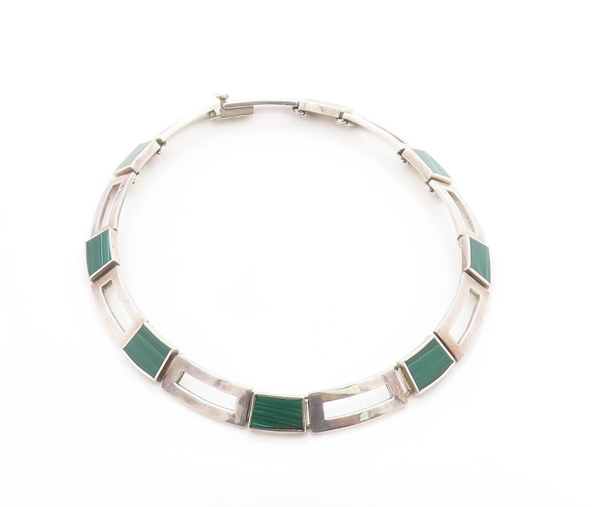 925 Sterling Silver Vintage Necklace MEXICO Malachite Geometric Collar  NE4648