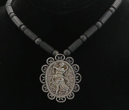 925 Sterling Silver Vintage Embossed Woman Black Beaded Chain Necklace NE1342