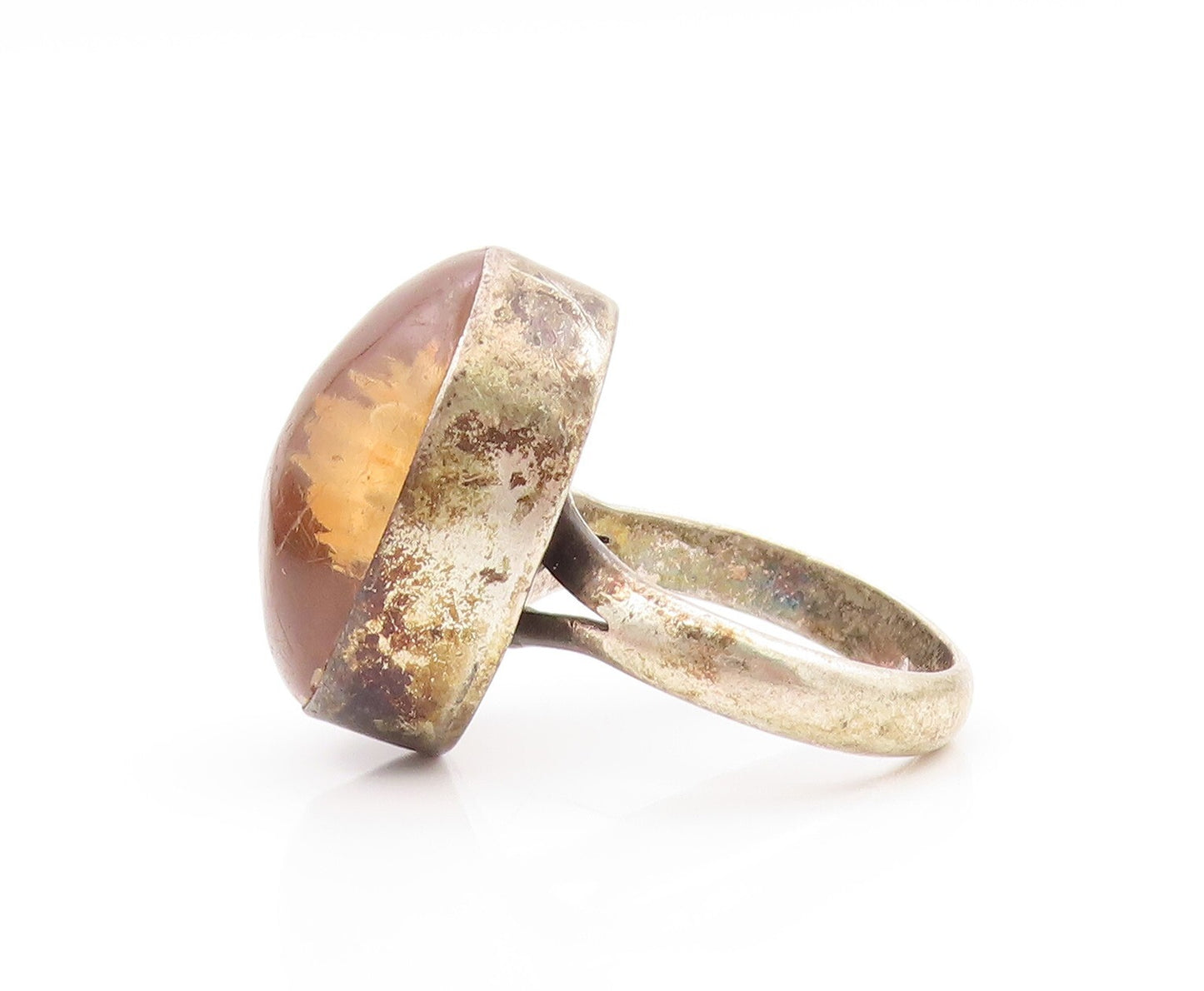 925 Sterling Silver Vintage Ring TAXCO Dark tone Cabochon Amber  Sz 9  RG31865