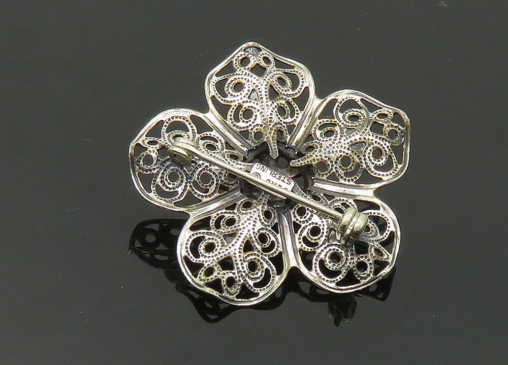 BEAU 925 Sterling Silver  Vintage Dark Tone Swirl Flower Brooch Pin  BP7979