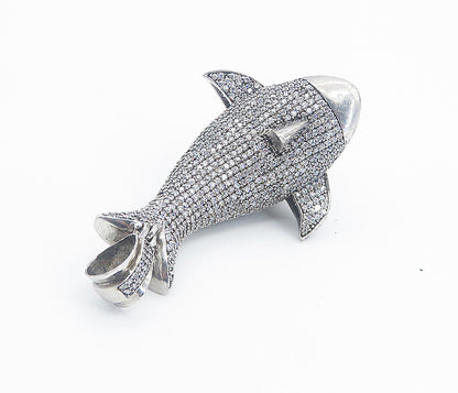 925 Sterling Silver  Vintage Cubic Zirconia Encrusted Shark Pendant  PT6207