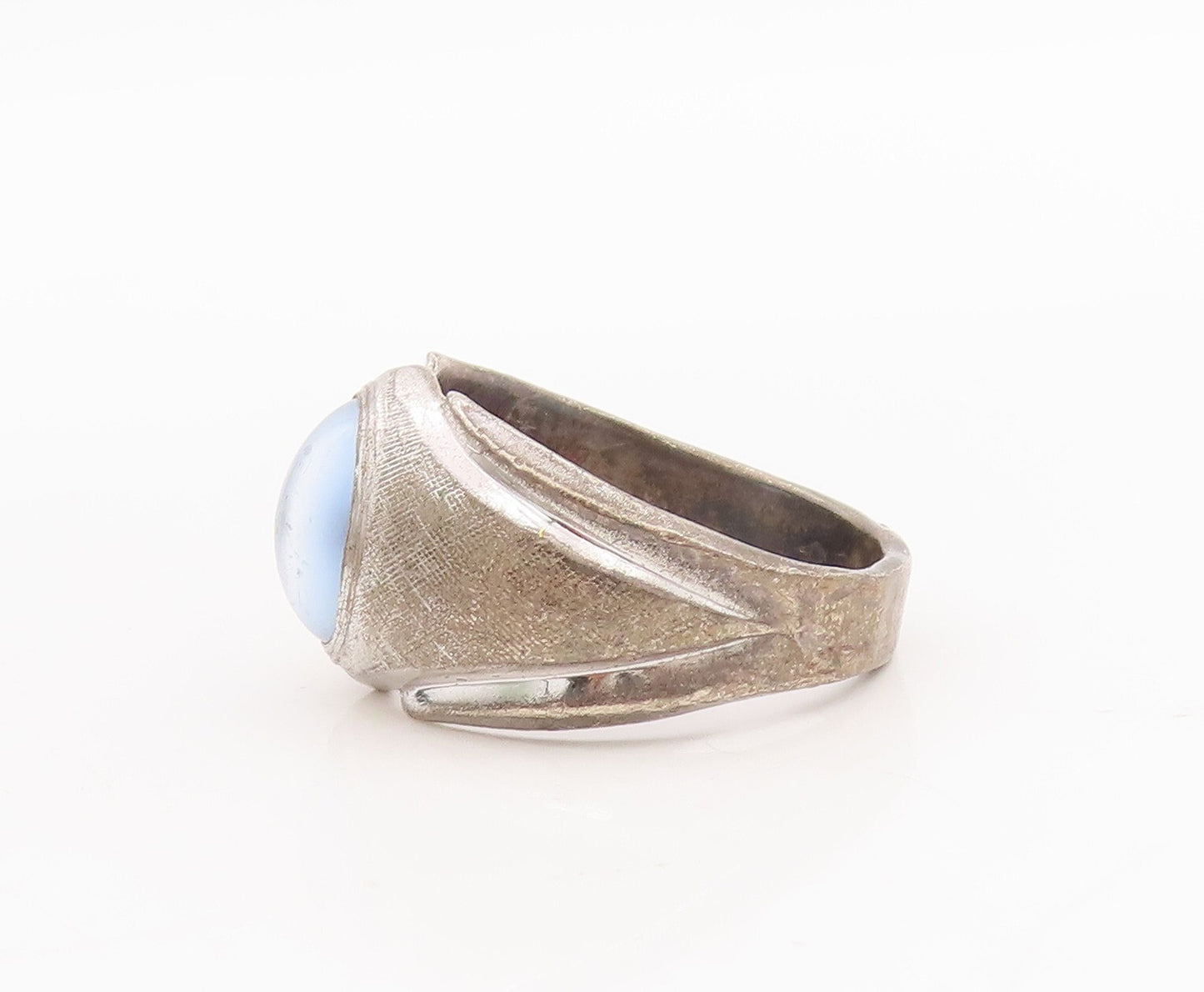 925 Sterling Silver Vintage Ring Minimalist Oval Inlay Blue Cat Eye Sz 8 RG28978