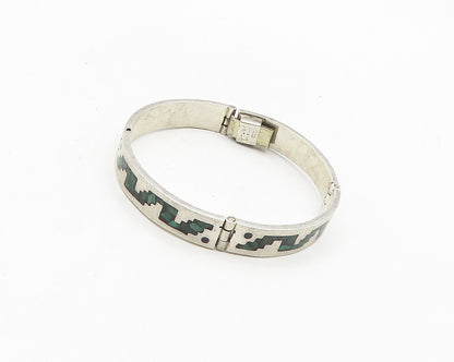 MEXICO 925 Sterling Silver  Vintage Malachite Mosaic Chain Bracelet  BT7283