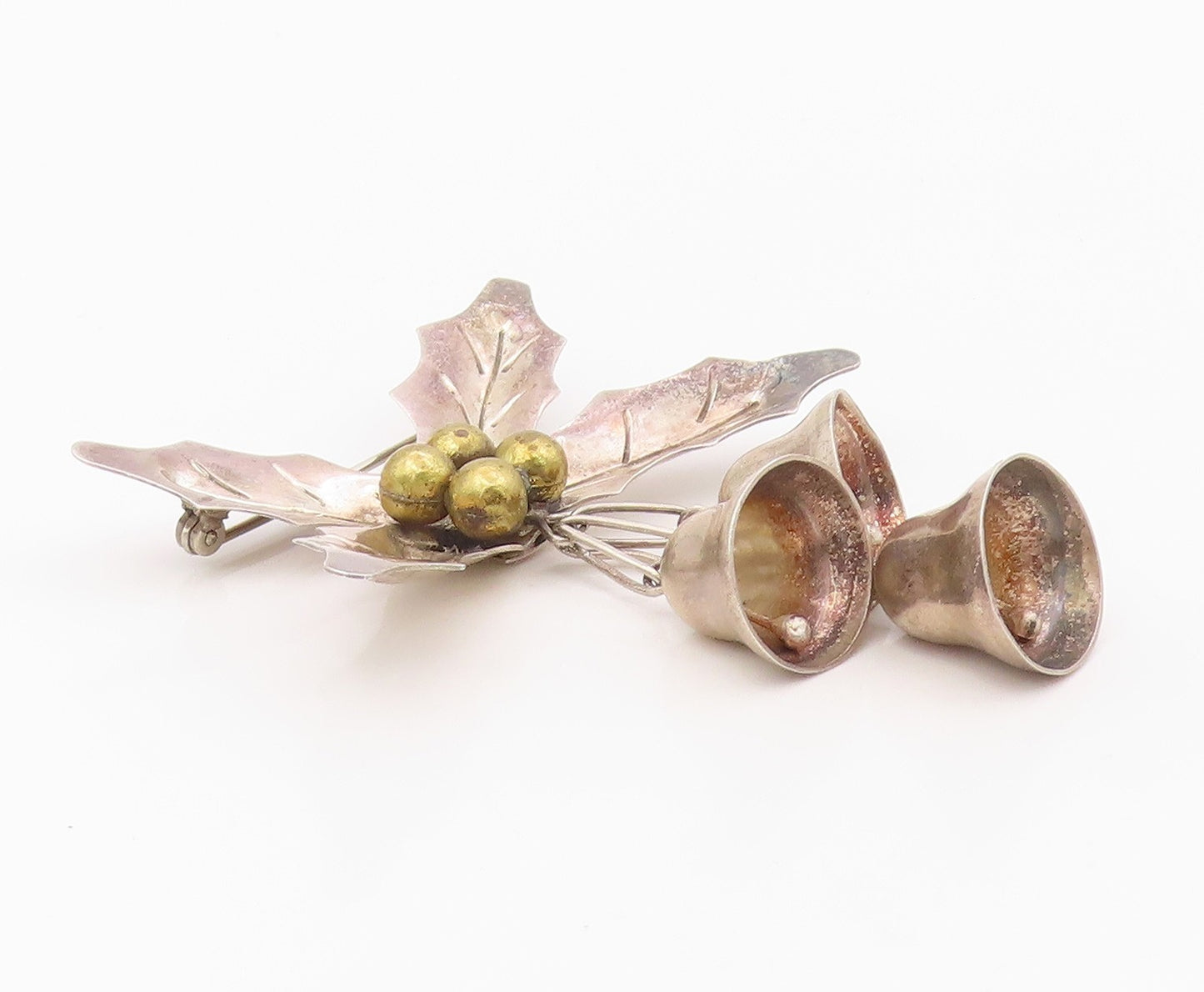 925 Sterling Silver Vintage Brooch Pin TAXCO MEXICO Bells & Holl Leaf  BP12559