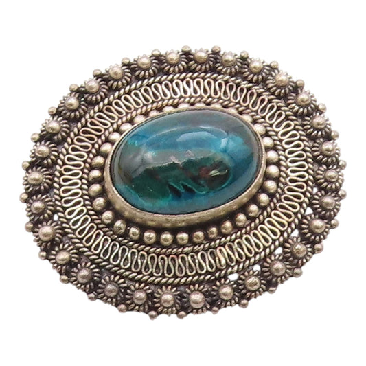 ISRAEL 925 Silver  Vintage Beaded & Wire Border Chrysocolla Brooch Pin  BP9604