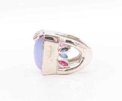 925 Sterling Silver Vintage Ring Gemstone Leaves Square Chalcedony Sz 6  RG32498