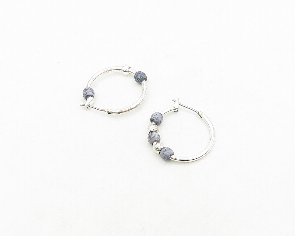 925 Sterling Silver  Vintage Sodalite Beaded Pattern Hoop Earrings  EG9738