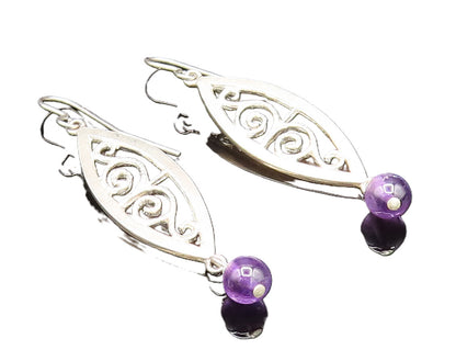 MULTILANA 925 Silver  Vintage Amethyst Bead Spiral Cutout Earrings  EG11824