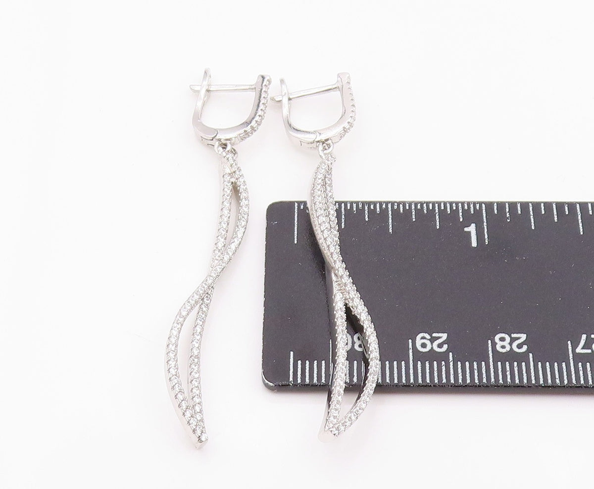 925 Sterling Silver Vintage Earrings CZ Pave Modernist Twisted Dangle  EG14228