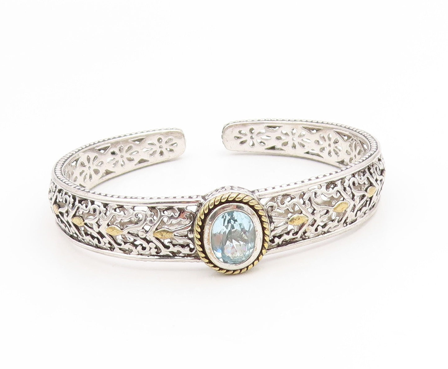 925 Sterling Silver Vintage Bracelet Two Tone Blue Topaz Openwork Cuff  BT11892