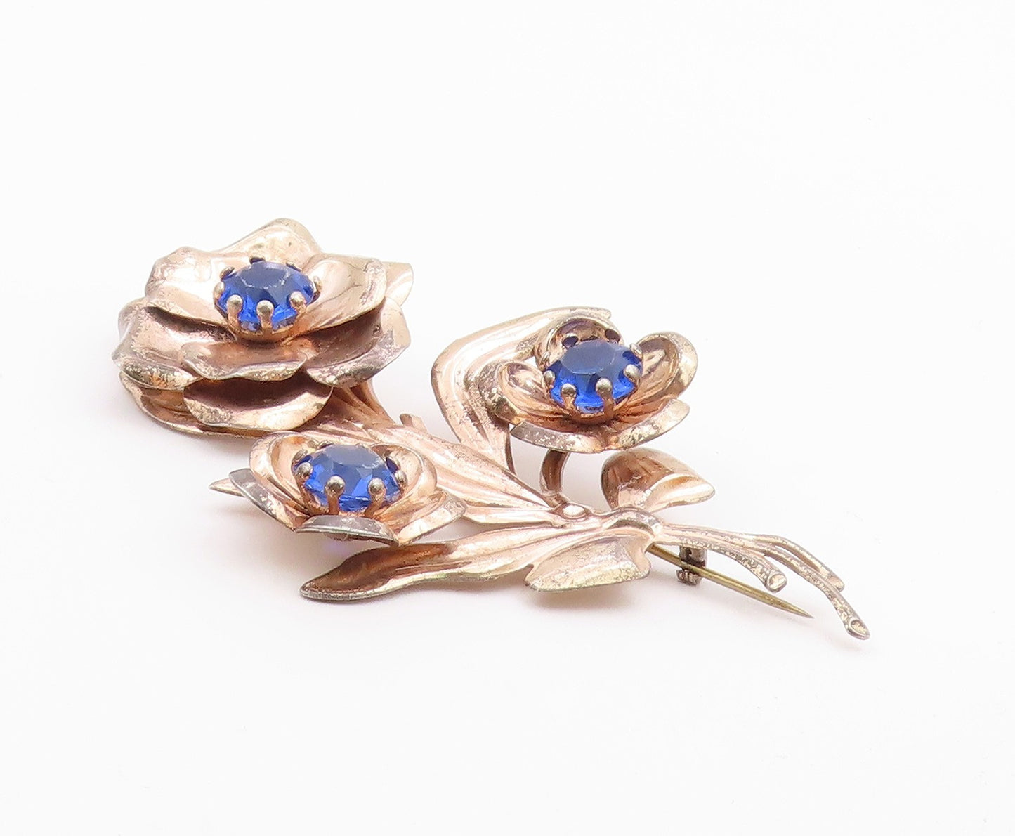 925 Sterling Silver  Vintage Blue Topaz Flower Bunch Motif Brooch Pin  BP5451
