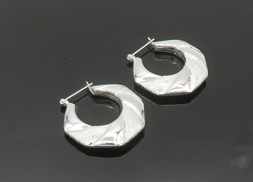 925 Sterling Silver  Vintage Shiny Textured Hollow Hoop Earrings  EG10410