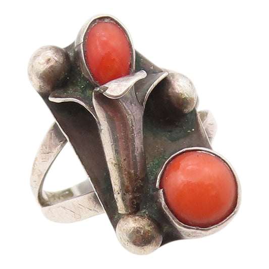 925 Sterling Silver Vintage Ring NAVAJO ZUNI Coral Lily Flower  Sz 5  RG36337