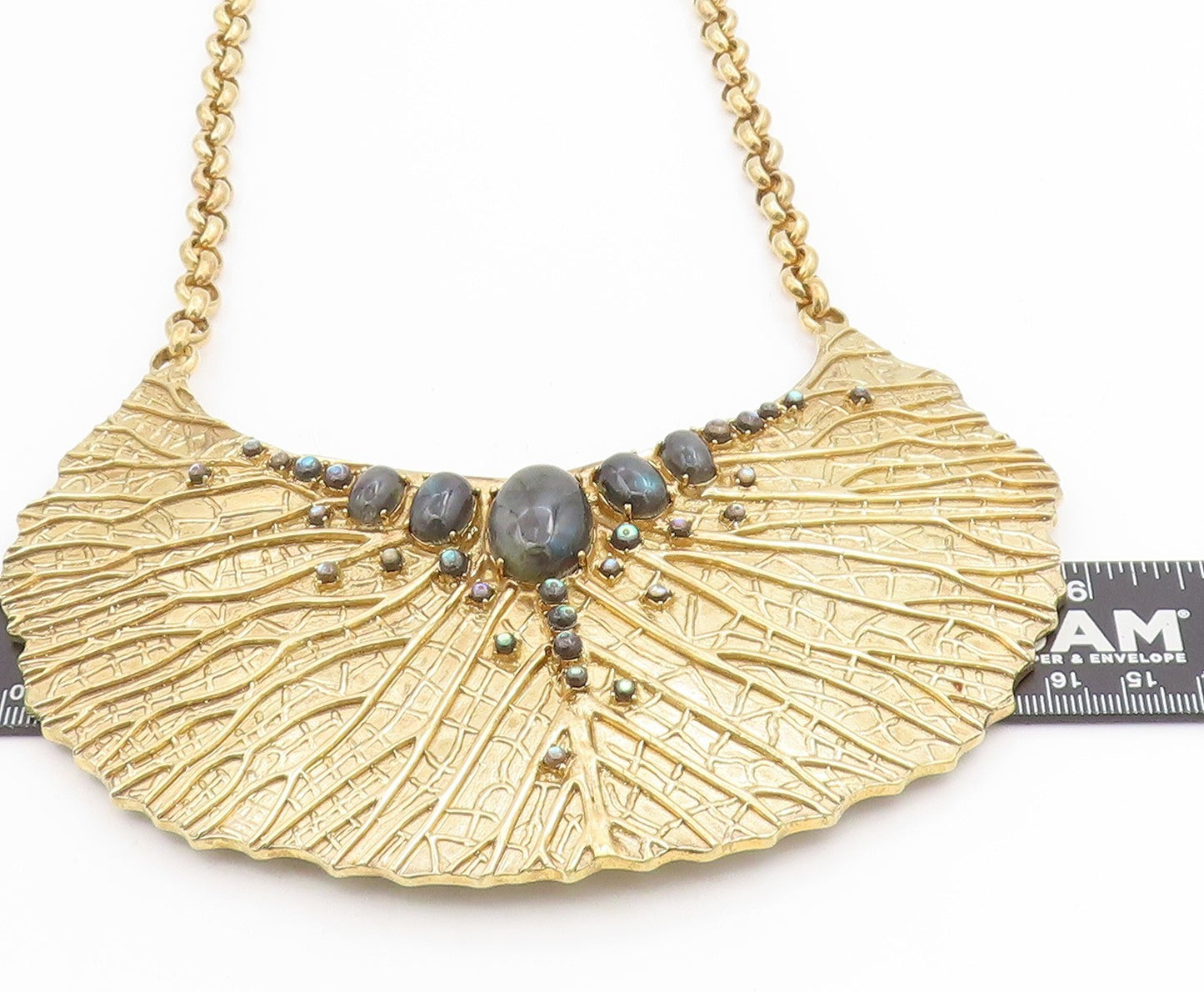 925 Sterling Silver Vintage Necklace Gold Plated Gemstone Textured Leaf  NE4696