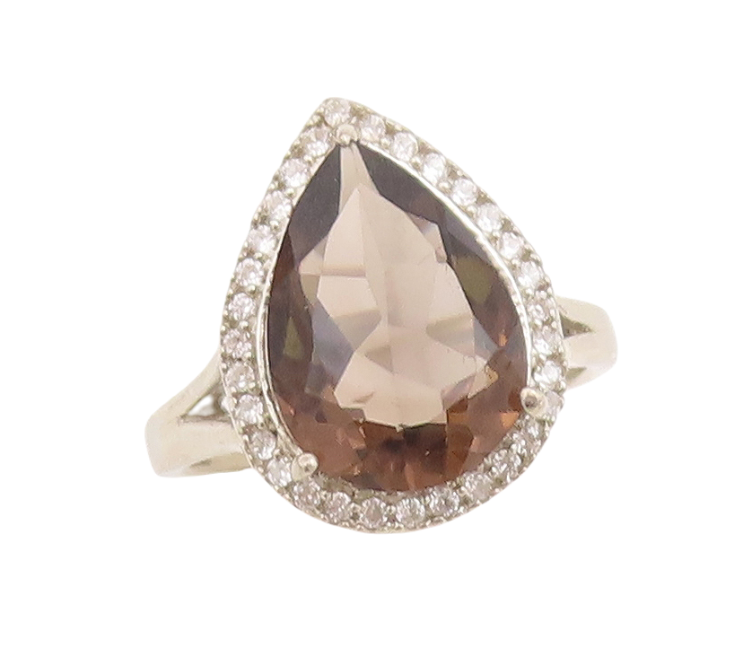 925 Sterling Silver Vintage Ring Drop Cut Smoky Quartz Halo CZ  Sz 7  RG29412