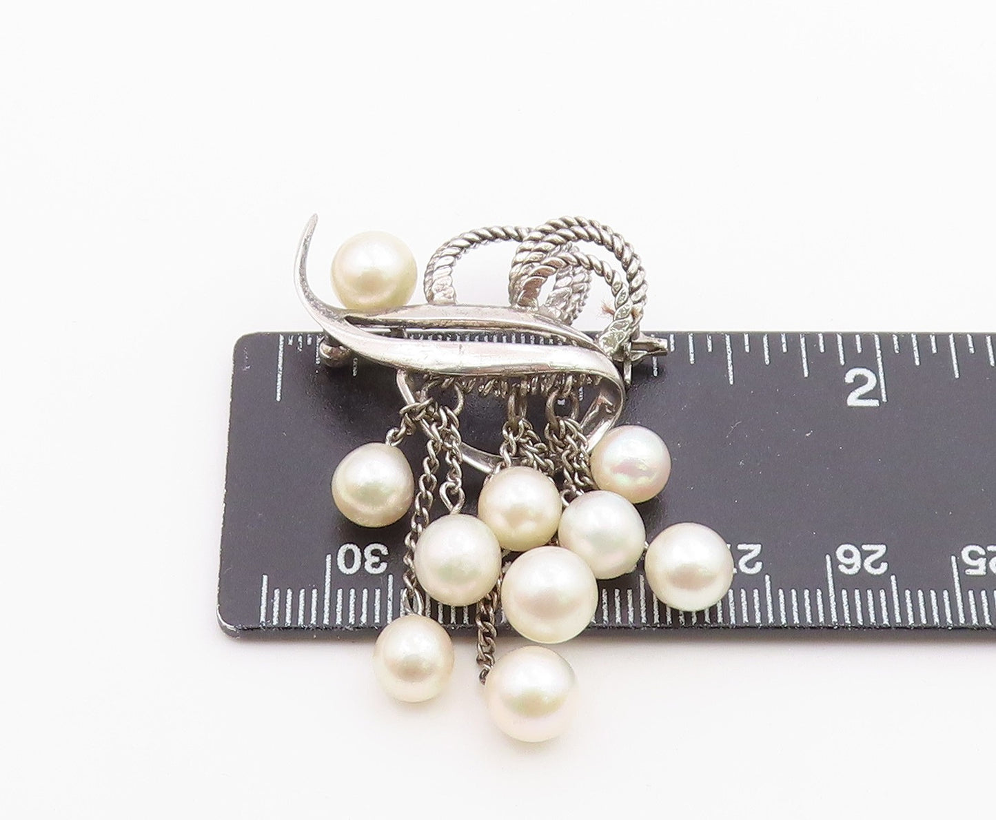 925 Silver  Vintage Curved Abstract Freshwater Pearl Dangle Brooch Pin  BP9975