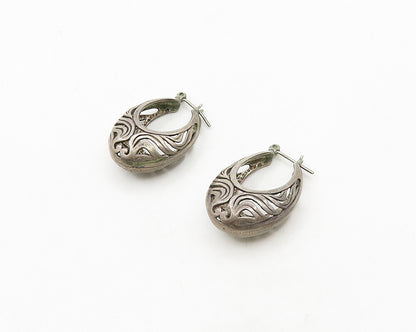 925 Sterling Silver  Vintage Dark Tone Cutout Swirl Hoop Earrings  EG9646