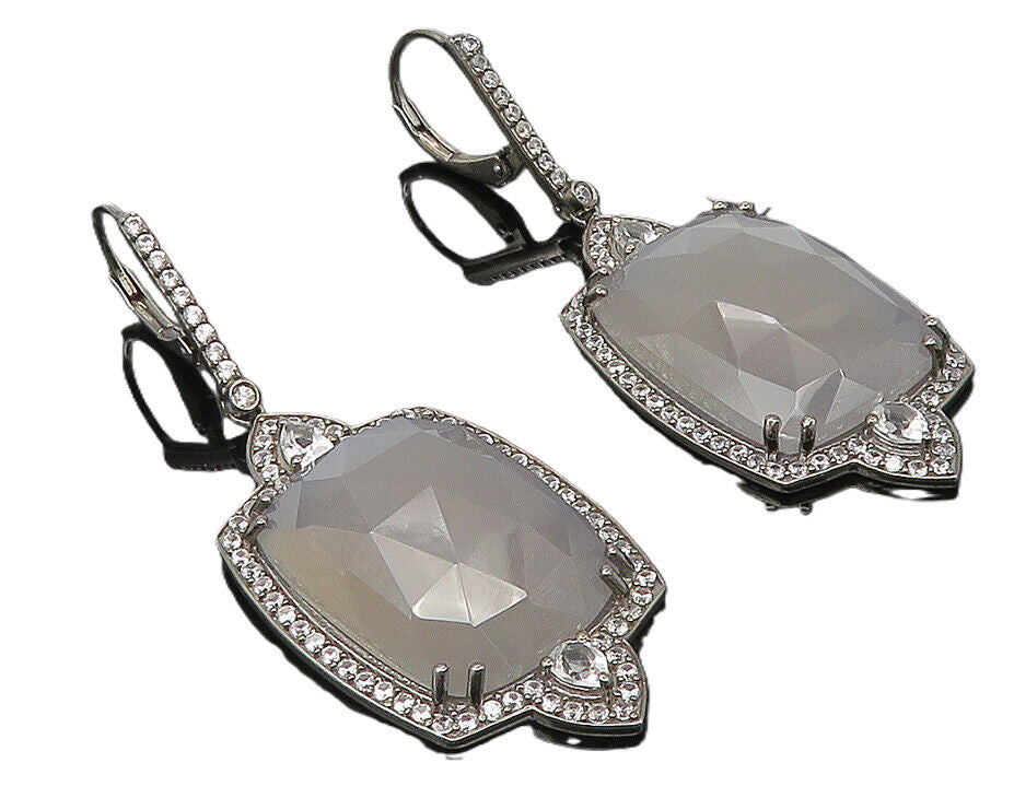 925 Sterling Silver  Faceted Quartz & Topaz Dark Tone Dangle Earrings  EG5628