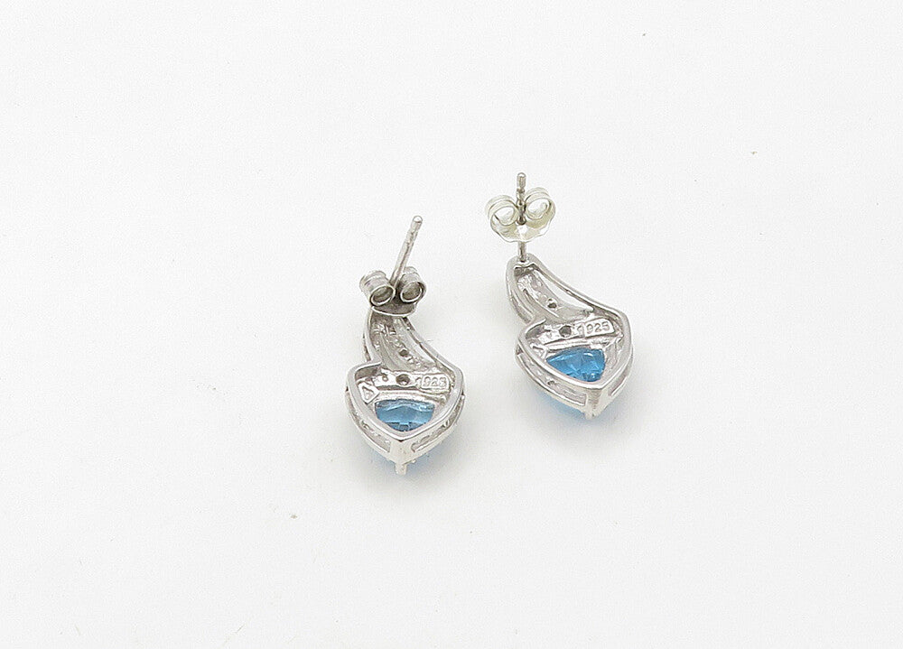 925 Sterling Silver Vintage Genuine Diamond & Blue Topaz Drop Earrings EG10652